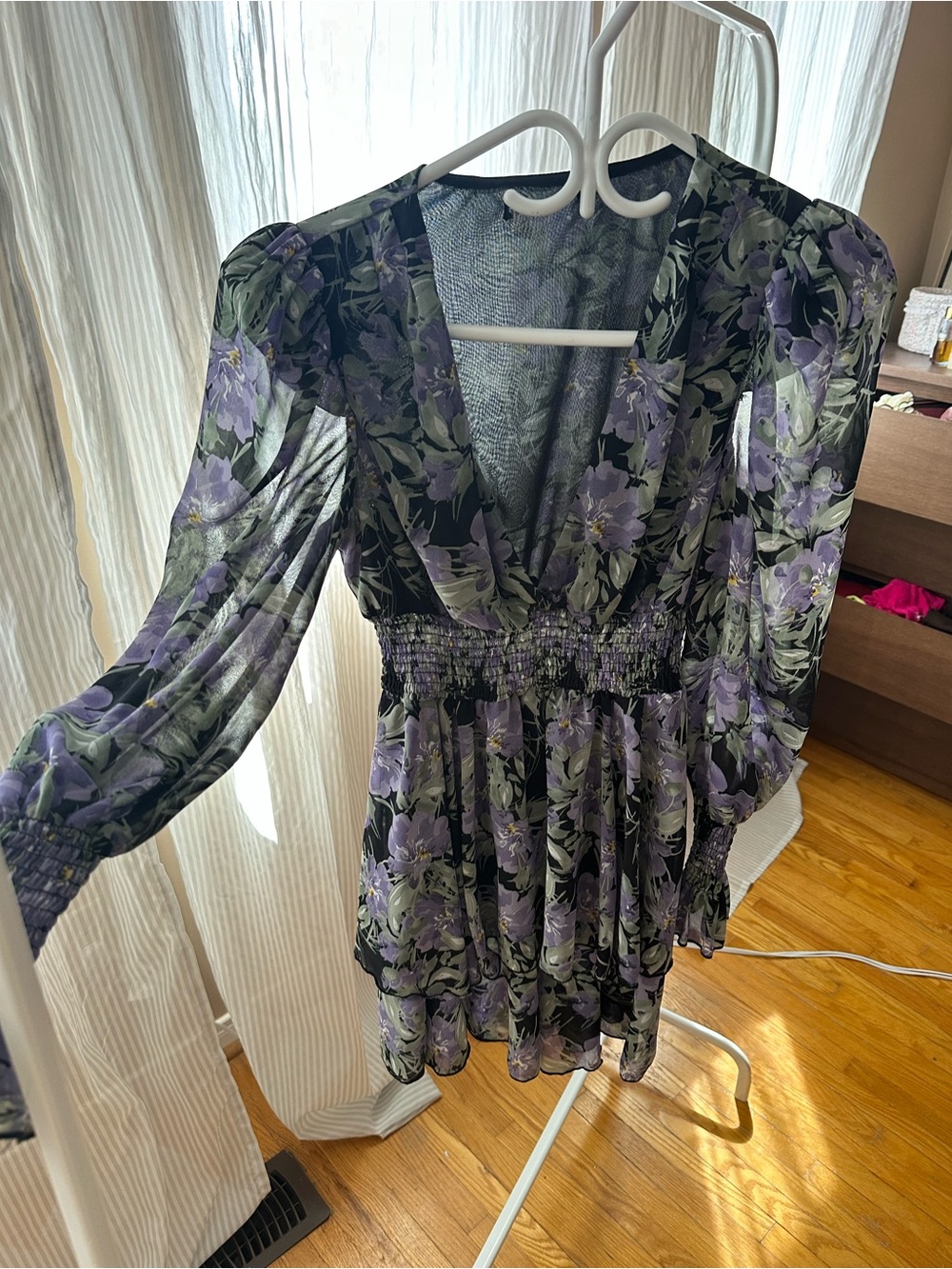 Floral V-Neck Smocked Waist Dress - Purple/Green